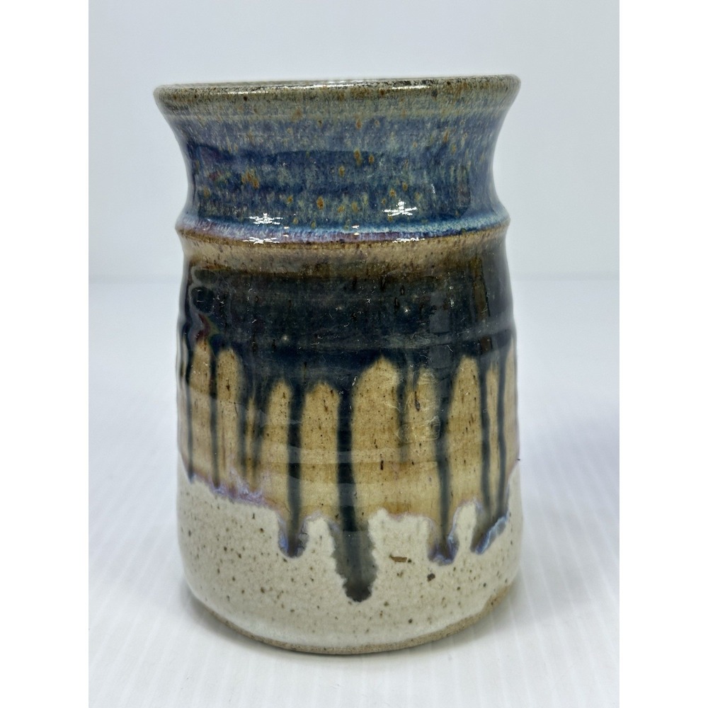 Vintage Studio Art Pottery Blue Drip Glaze Ceramic Vase Utensil‎ Holder Signed